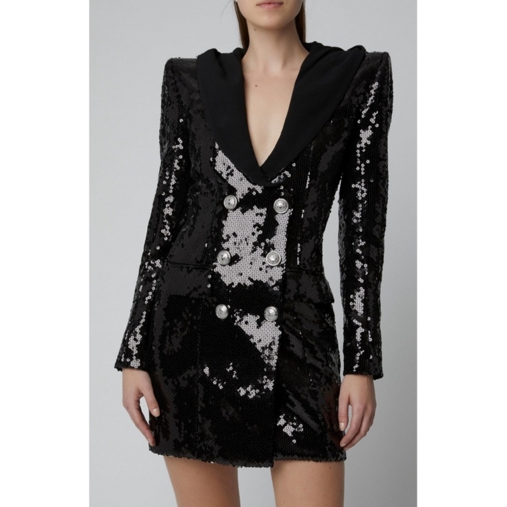 Balmain Black Sequin Hooded Blazer dress